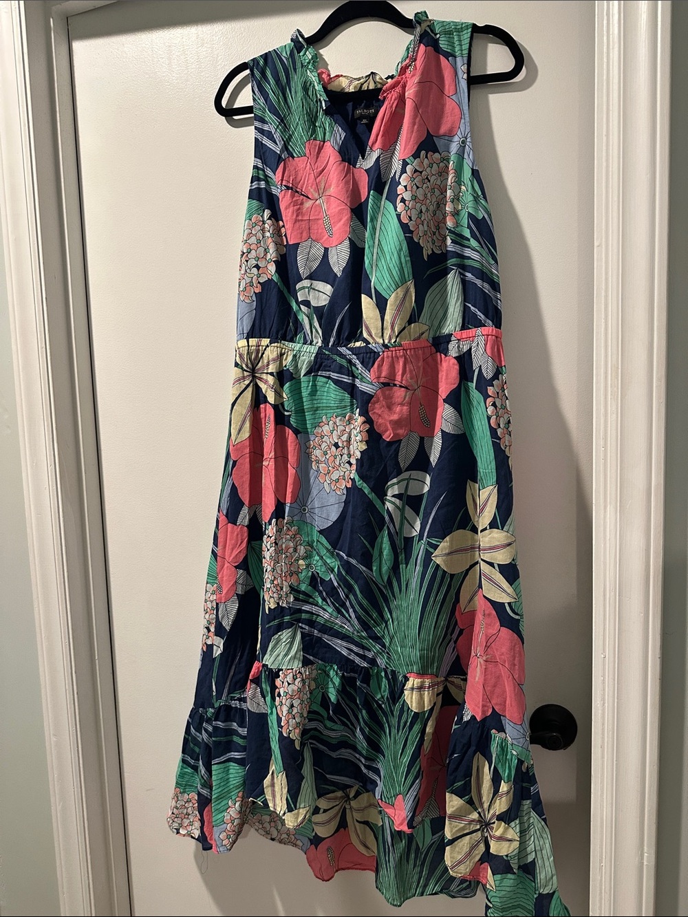 Talbots Navy Sleeveless Floral Maxi Dress with Coral and Green